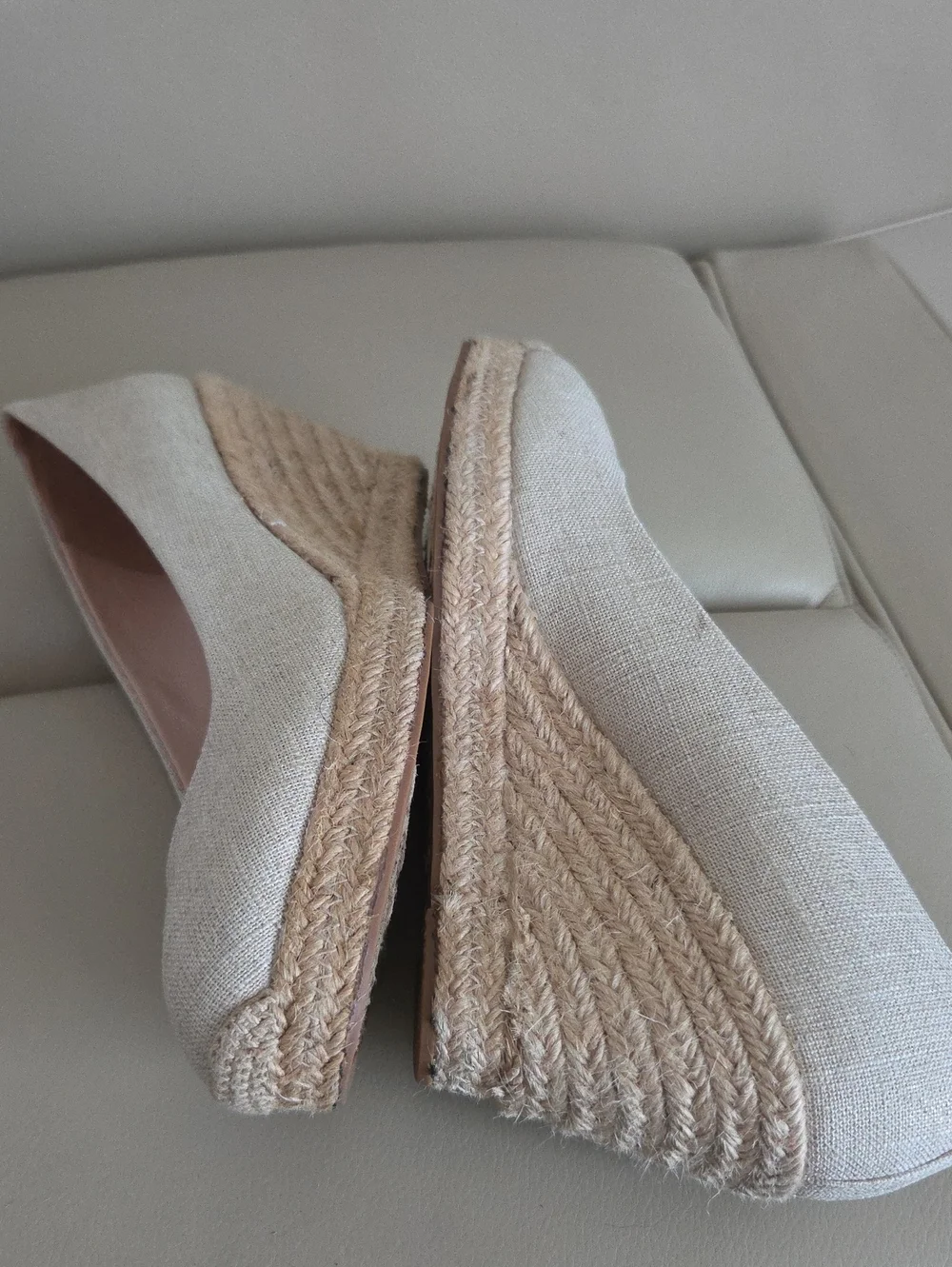 J. Crew Neutral Linen Espadrille Wedges with Pink Lining Size 9.5